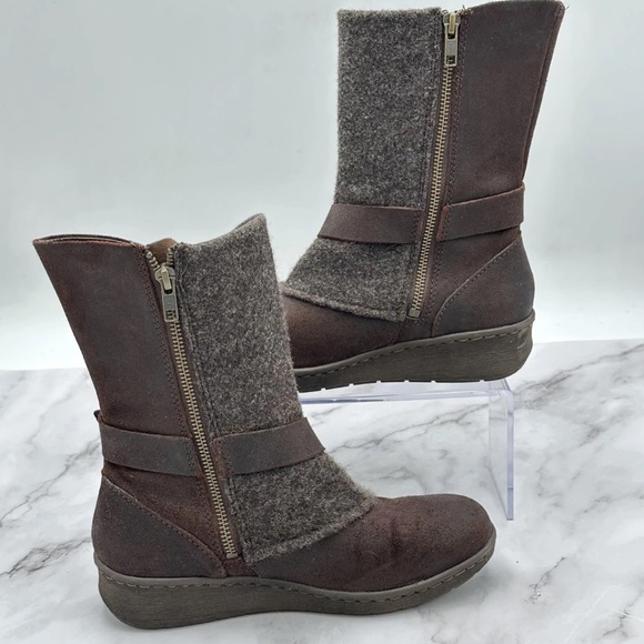 Born Boots Womens Size 7 Brown Leather Wedge Biker Mid Calf Buckle Zip F59106 - Picture 3 of 14